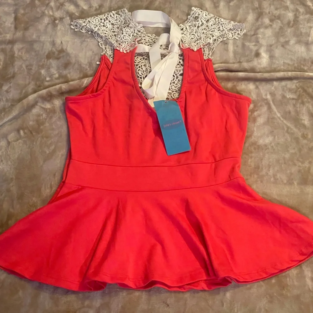 Women's Red Lace-Trim Peplum Bodysuit - Picture 2 of 4
